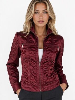 Revolution Burgundy Satin Zip Bomber Jacket